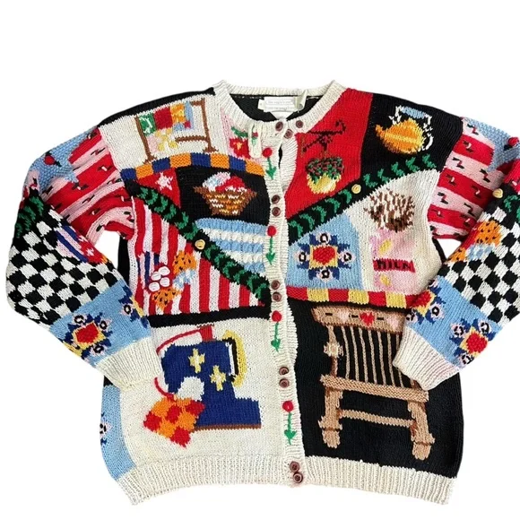 The Eagle’s Eye Colorful Patchwork Vintage 90s Hand Knit Cardigan - Picture 9 of 11